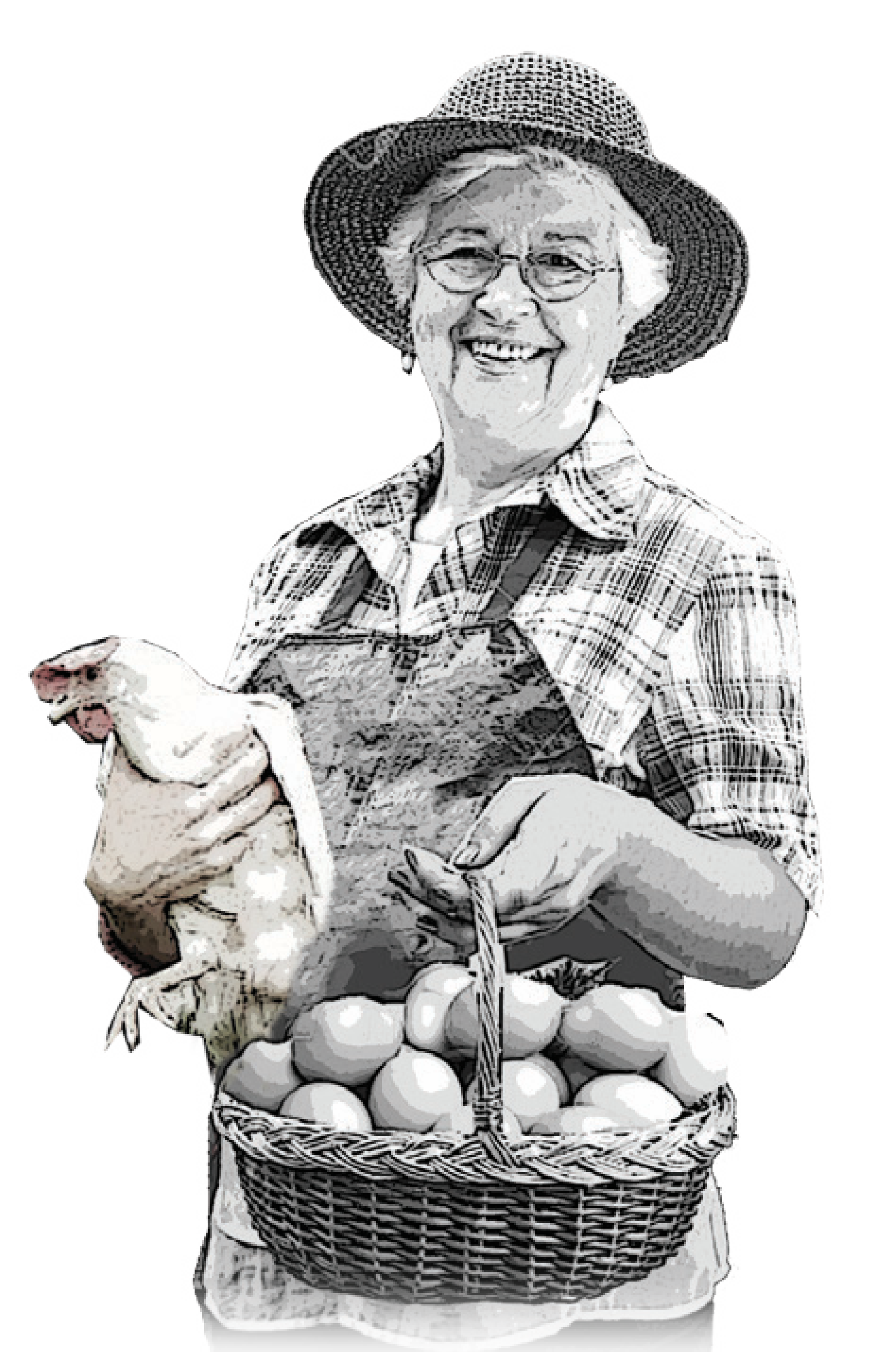 A woman wearing a hat, glasses, and plaid shirt, smiling and holding a chicken. She is standing behind a basket of eggs.
