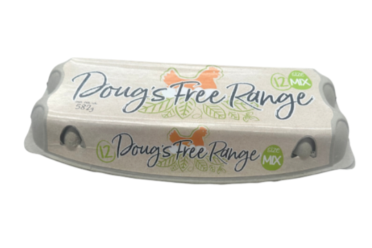An egg carton labeled Doug's Free Range with 12 medium eggs.