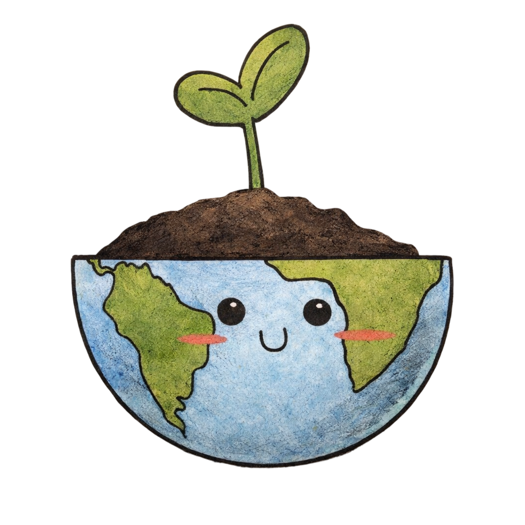 A cute drawing of a smiling Earth with a small plant growing out of the soil on top, with the Earth's surface depicted as a face with eyes and a smiling mouth.