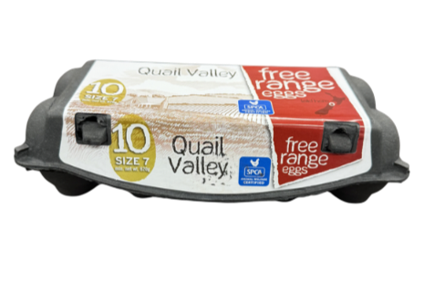 A carton of Quail Valley eggs, size 10, with a label that says 'free range eggs' and has red, white, and gold colors.
