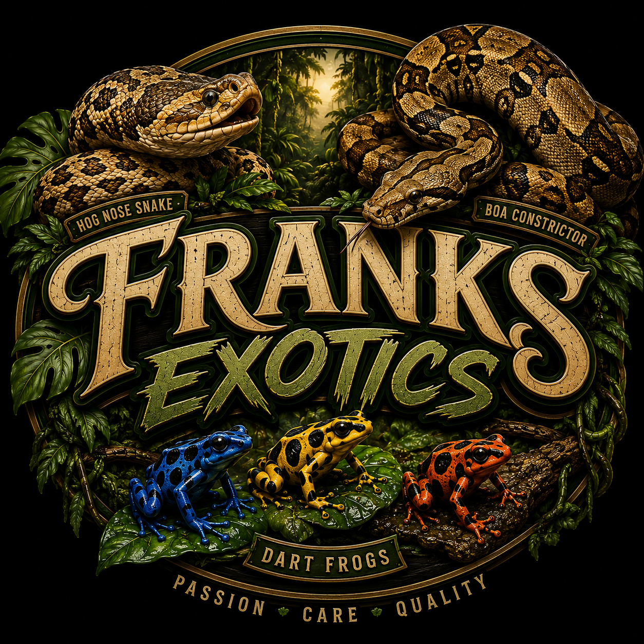 Colorful exotic frogs, a python, and a snake surrounded by green foliage and decorative text reading "Freaks & Exotic" with labels "Hog Nose Snake," "Boa Constrictor," and "Dart Frogs" on a dark background.