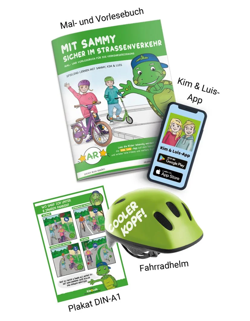 Kinderbuch mit grüner Drachenfigur, zwei Kinder mit Fahrrädern, Fahrradhelm, AR-Plakat, Smartphone mit Kim & Luis-App, und ein Plakat mit Fahrradregeln.
