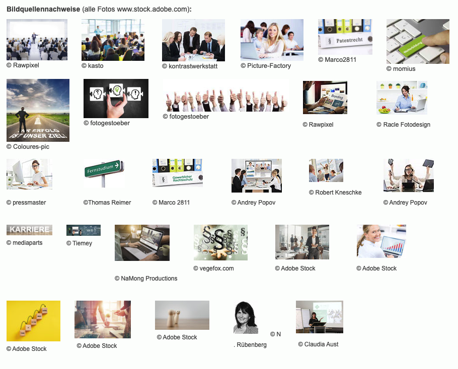Collage aus verschiedenen Bildern von Menschen in Meetings, beim Arbeiten am Computer, bei Präsentationen und in einer Lernumgebung, mit Symbolen für Karriere, Studium und Datenschutz.