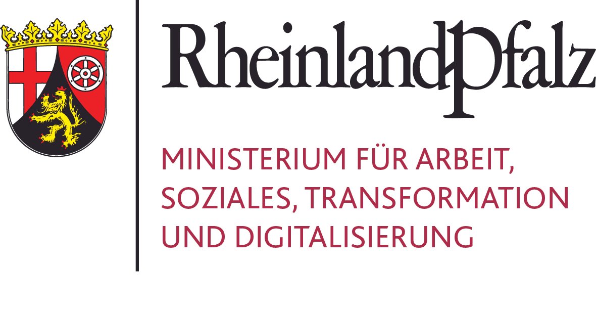 Das Logo des Ministeriums für Arbeit, Soziales, Transformation und Digitalisierung Rheinland-Pfalz mit dem Landeswappen und dem Namen des Ministeriums.
