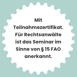 Text in einem weißen, gezackten Rahmen auf hellblautem Hintergrund, der einen Teilnahmezertifikat im rechtlichen Kontext beschreibt.
