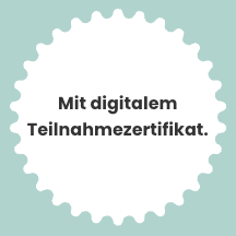 Digitales Teilnahmezertifikat mit weißem Text auf hellblauem Hintergrund.