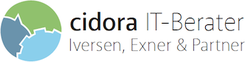 Logo von cidora IT-Berater mit einem blauen Weltkarte und grünem Text