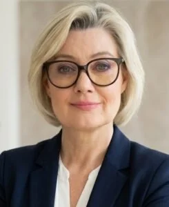 Eine ältere Frau mit blonden Haaren, Brille und einem schwarzen Blazer