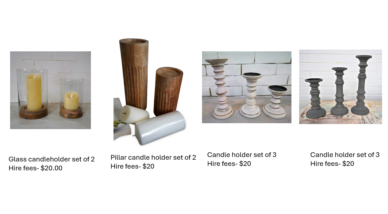 A digital display of candle holder sets, including glass candleholders with candles, wooden pillar candleholders, white and black tiered candleholders, each with a specified hire fee of $20.