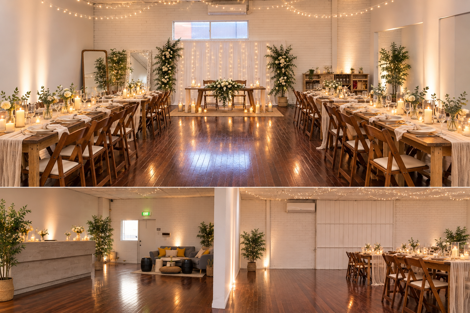 Decorated indoor event space with long wooden tables, candles, floral arrangements, string lights, and a cozy seating area with a gray sofa and pillows.
