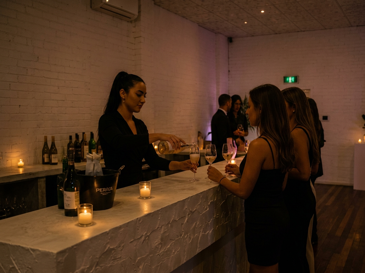 A woman pours champagne into glasses for a group of women at a bar in a dimly lit event space with candles on the counter.