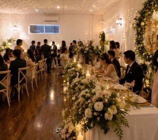 A wedding reception with guests seated at long tables, decorated with floral centerpieces and candlelights, in a warmly lit indoor venue.