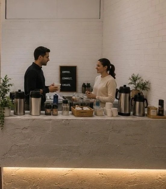 A man and woman are having a conversation at a coffee shop counter, with various coffee supplies and plants on the counter and a framed sign behind them that says 'Coffee. Connect. Create.'