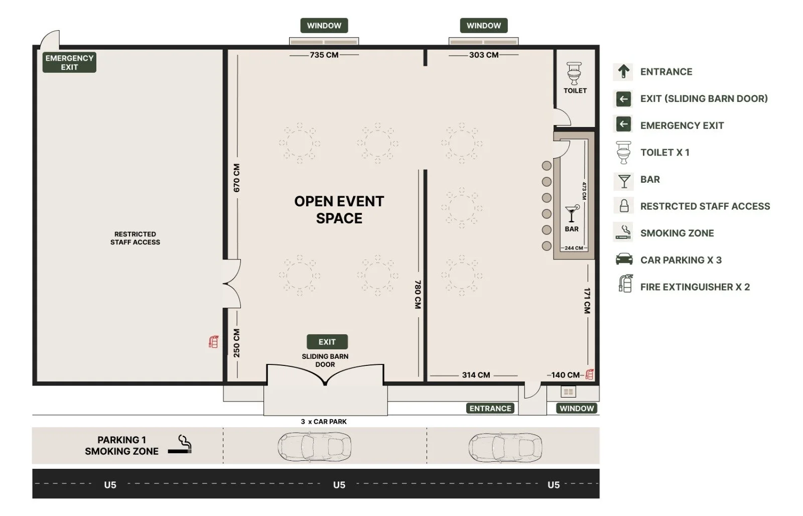 Floor plan of an event space with entrance, bar, toilets, parking, and designated smoking zone.