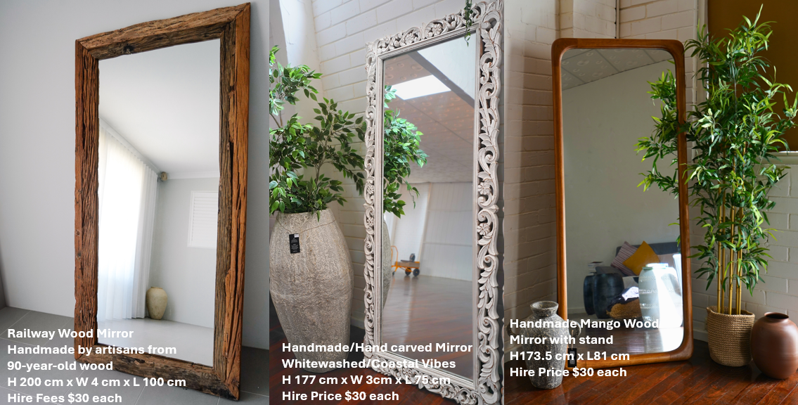 Three decorative mirrors on a wall, each with different styles and frames, with potted plants nearby.