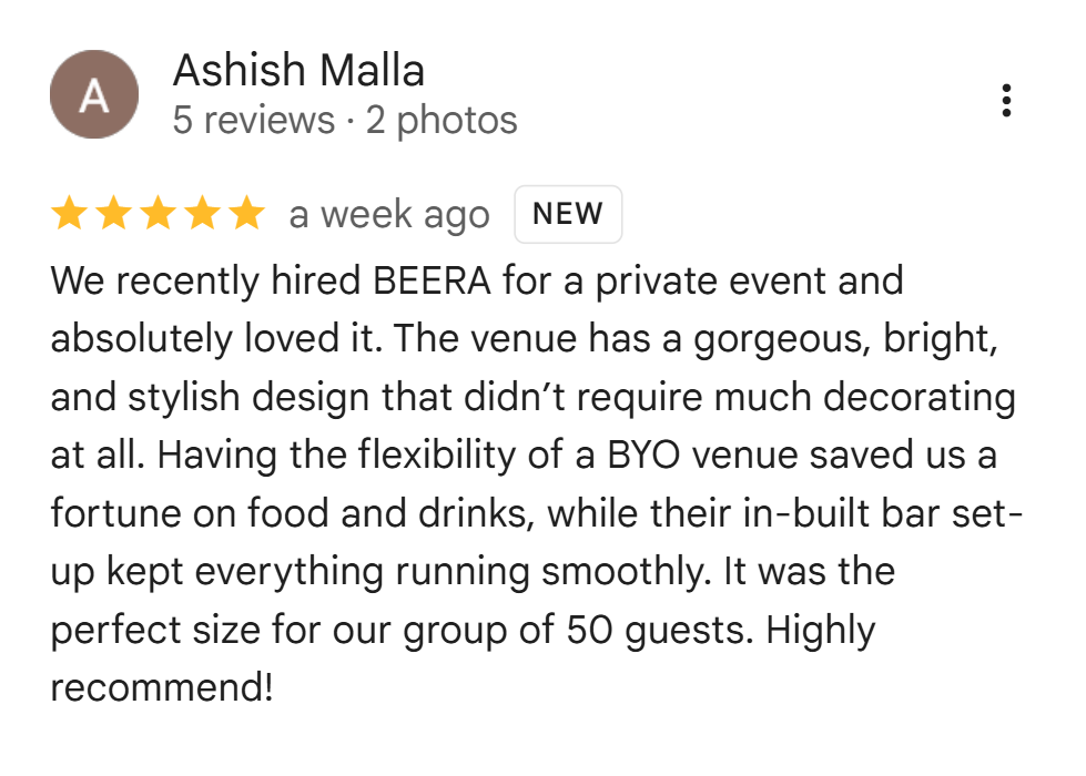 Google review for BEERA party venue with five-star rating and positive feedback about the venue's design, atmosphere, and flexibility for private events.
