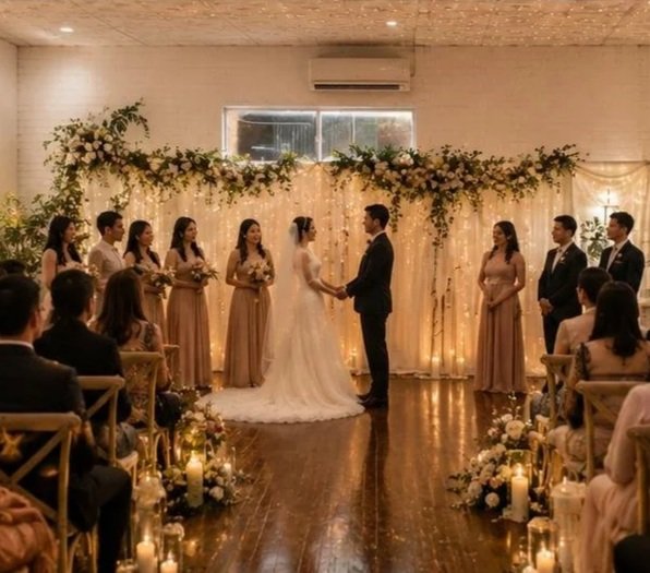 A wedding ceremony with a bride and groom holding hands and facing each other, surrounded by bridesmaids and groomsmen, in a decorated indoor venue.