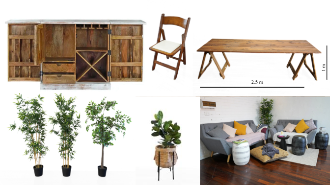 Collection of furniture including a wooden bar, a wooden chair, a wooden table, indoor potted plants, and a living room setup with gray sofas, colorful cushions, and coffee tables.