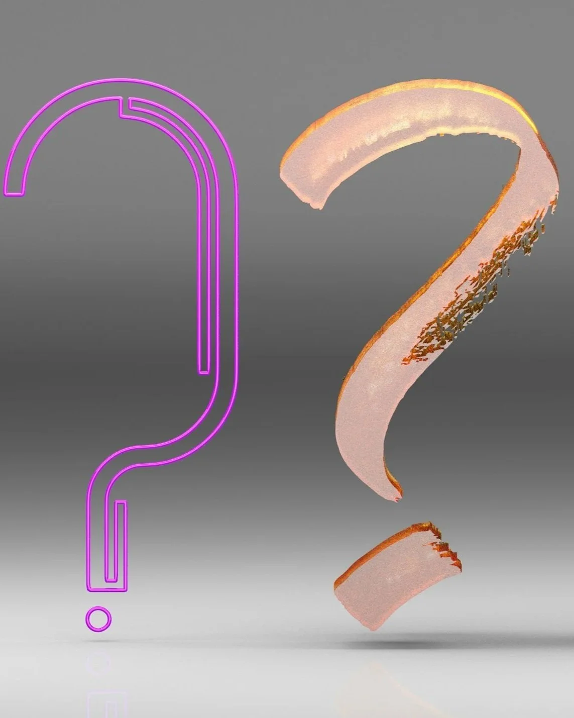 A neon pink question mark and a pink, orange, and gold stylized question mark sculpture on a gray background.