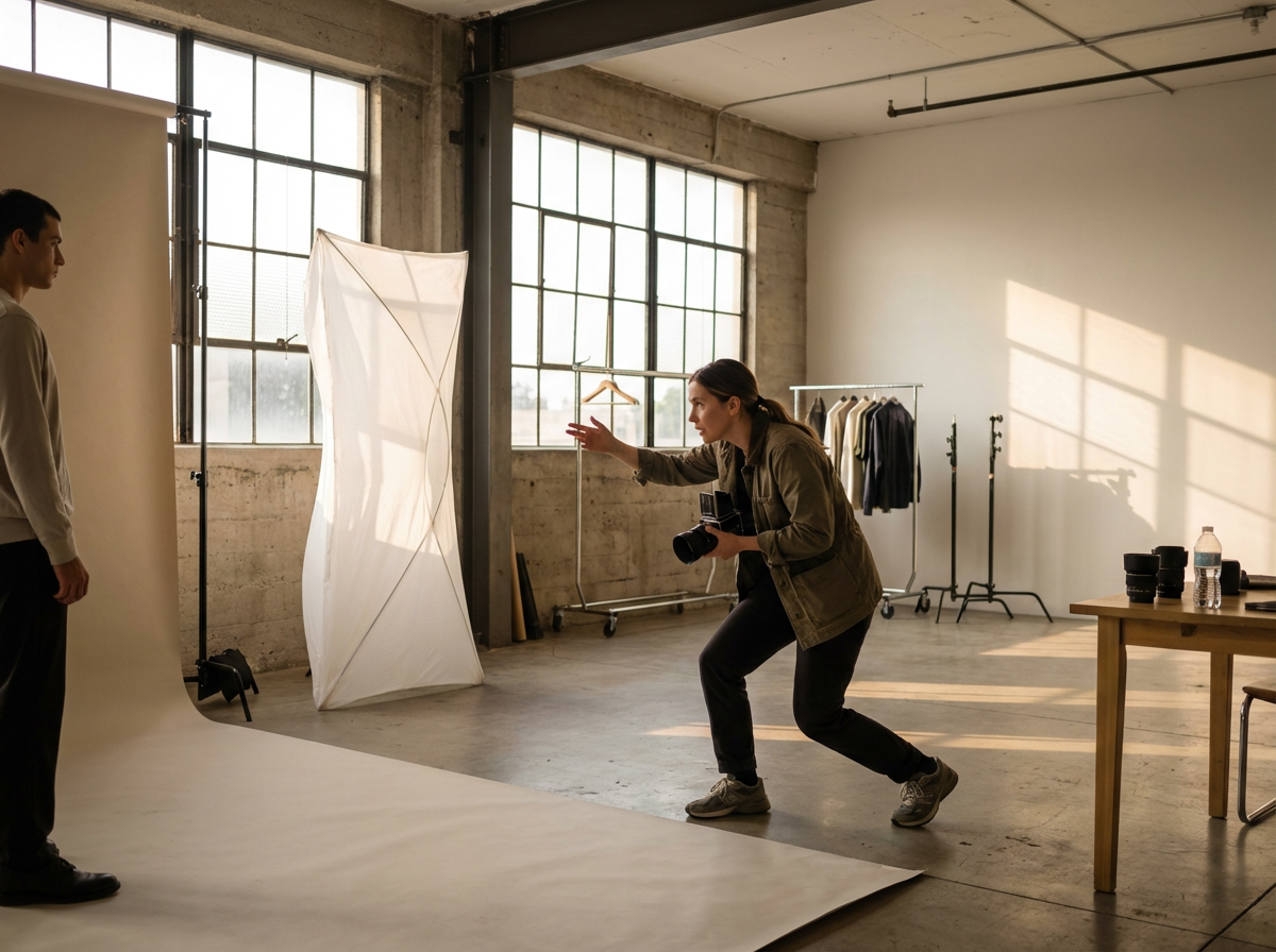 Photographer taking a portrait photo of a male model in a photography studio with large windows and minimal decor.