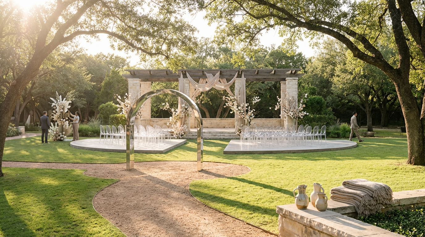 Decorative outdoor wedding ceremony setup in a garden with floral arrangements, chairs, and a wooden arch, illuminated by soft sunlight.