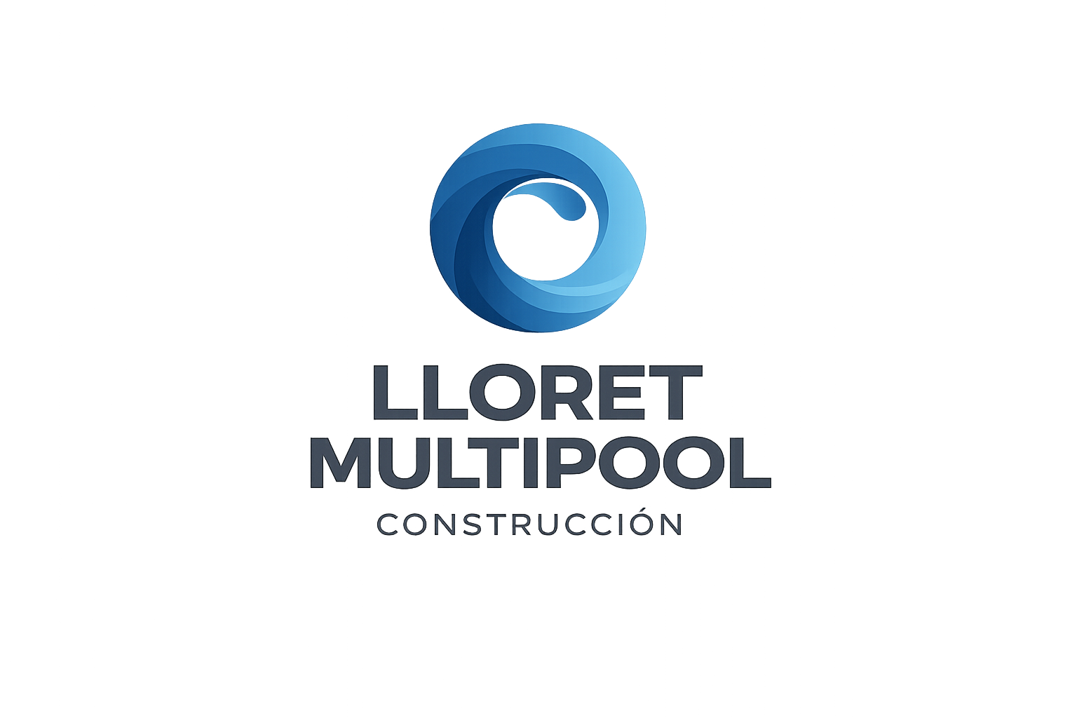 Logo of Lloret Multipool Construcción company with blue swirl symbol and text in gray and black.