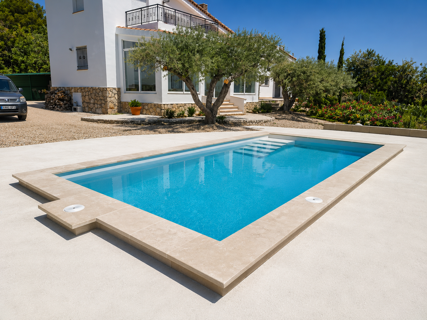 A backyard with a rectangular swimming pool surrounded by a white concrete patio, a white house with multiple windows and a balcony, and trees and flowering bushes in the background.