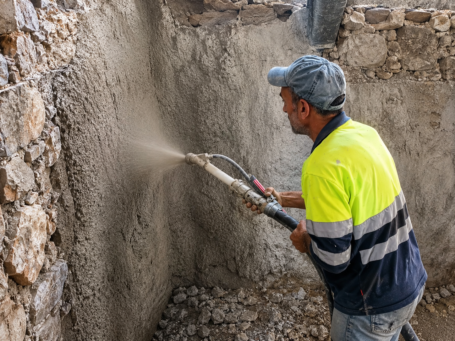 A construction worker in a yellow safety shirt and baseball cap uses a power washer to clean a concrete wall.