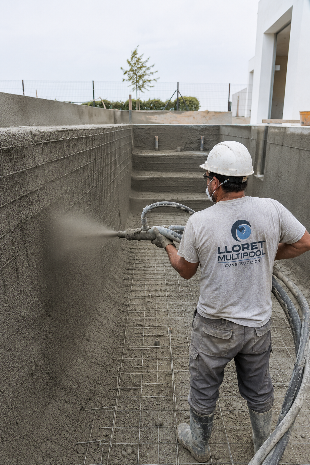 Construction worker spraying concrete inside a large, rectangular pool or basin at a construction site.