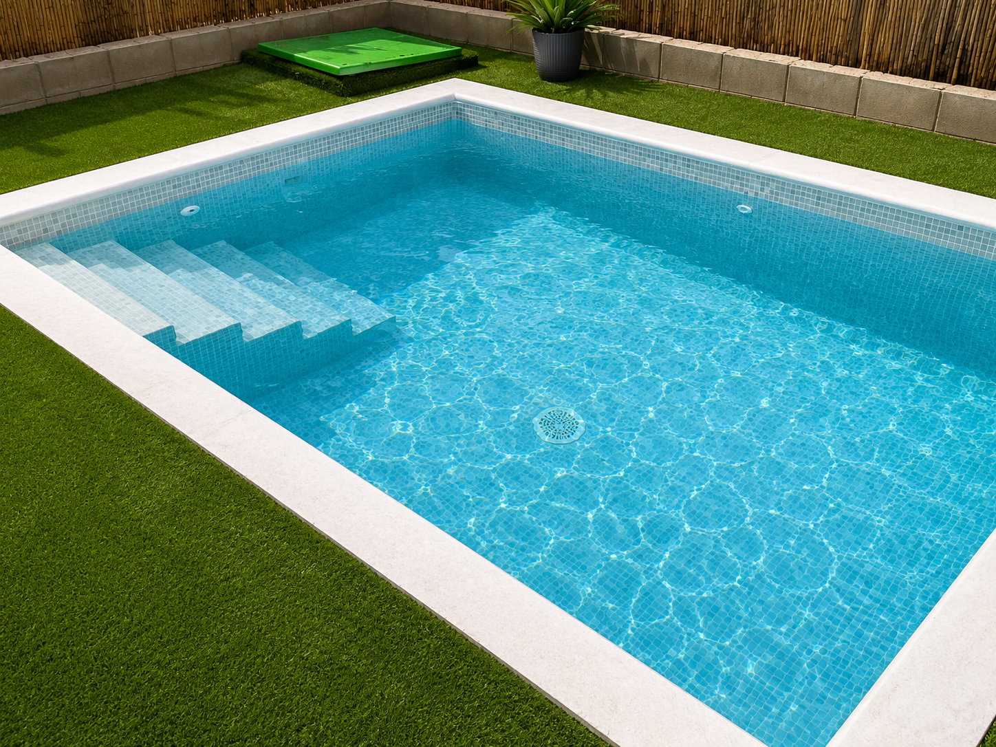 A backyard swimming pool with steps leading into the water, surrounded by green grass, a potted plant, a wooden privacy fence, and a green floating cover at the corner.