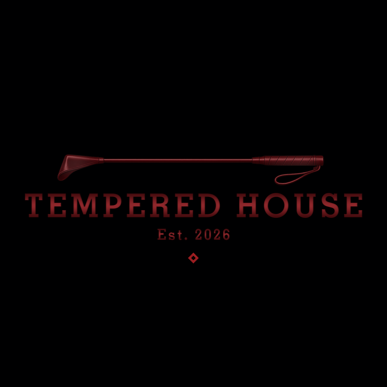Dark background with a red golf club and maroon text reading 'TEMPERED HOUSE,' 'Est. 2026,' and a small red diamond shape.