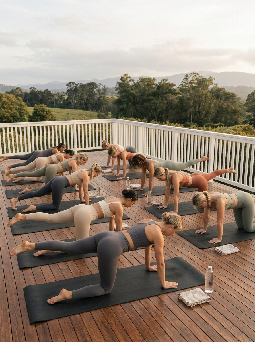 A group of women participating in a yoga class on a wooden deck, practicing a plank pose with one leg extended backwards, surrounded by scenic hills and trees.