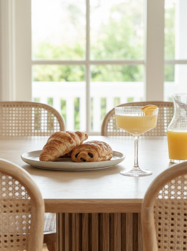 A breakfast table with croissants, a pastry, a glass of orange juice with a lemon slice, and a pitcher of orange juice in front of a window with green trees outside.