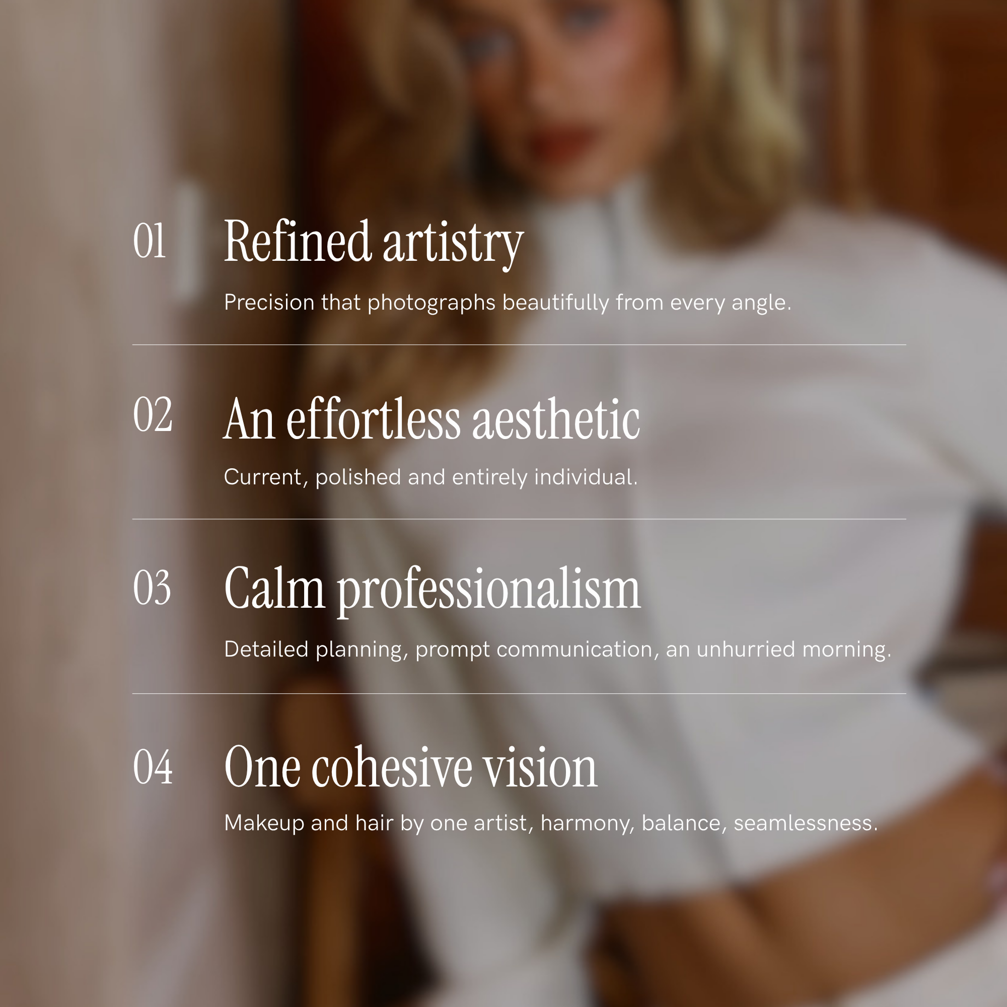 Close-up of a woman with blonde hair looking at the camera. Overlaid text discusses refinement, aesthetic, cohesive vision, and professionalism.