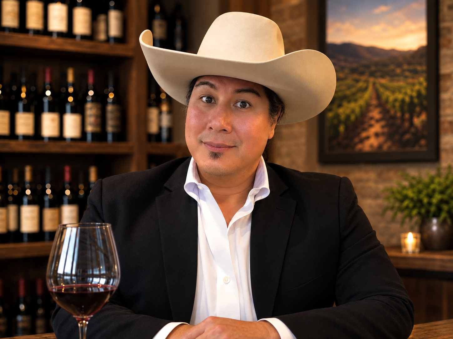 Moses in a cowboy hat and black blazer seated in a wine cellar with a glass of red wine.