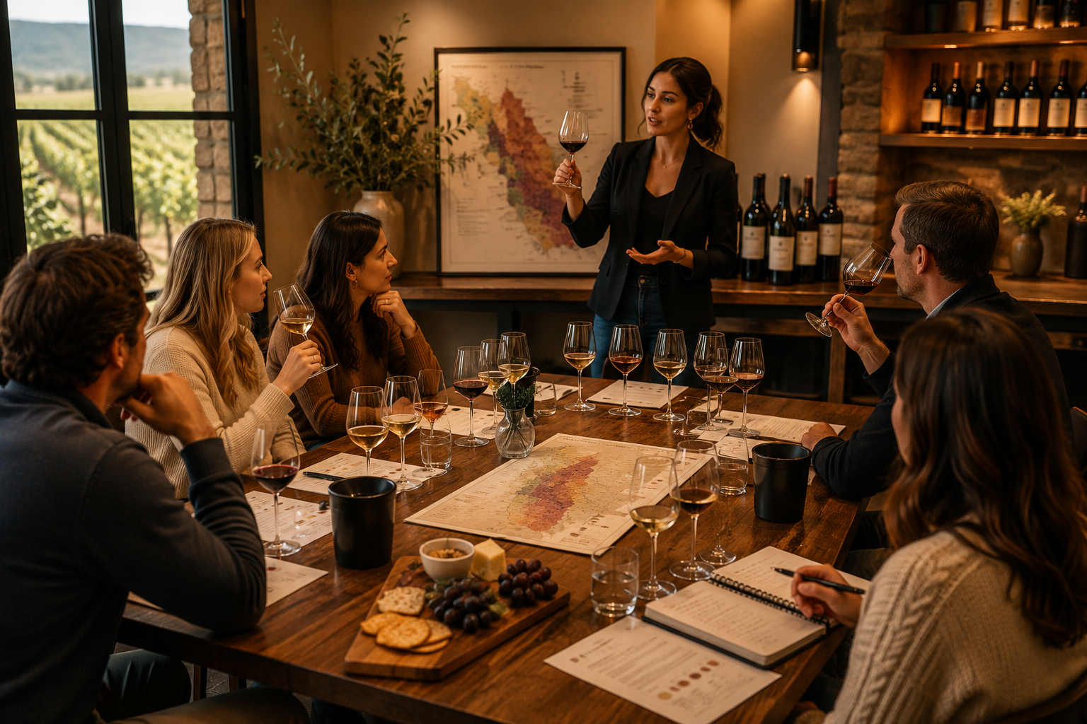Wine tasting with a group seated around a table while a woman leads the experience.
