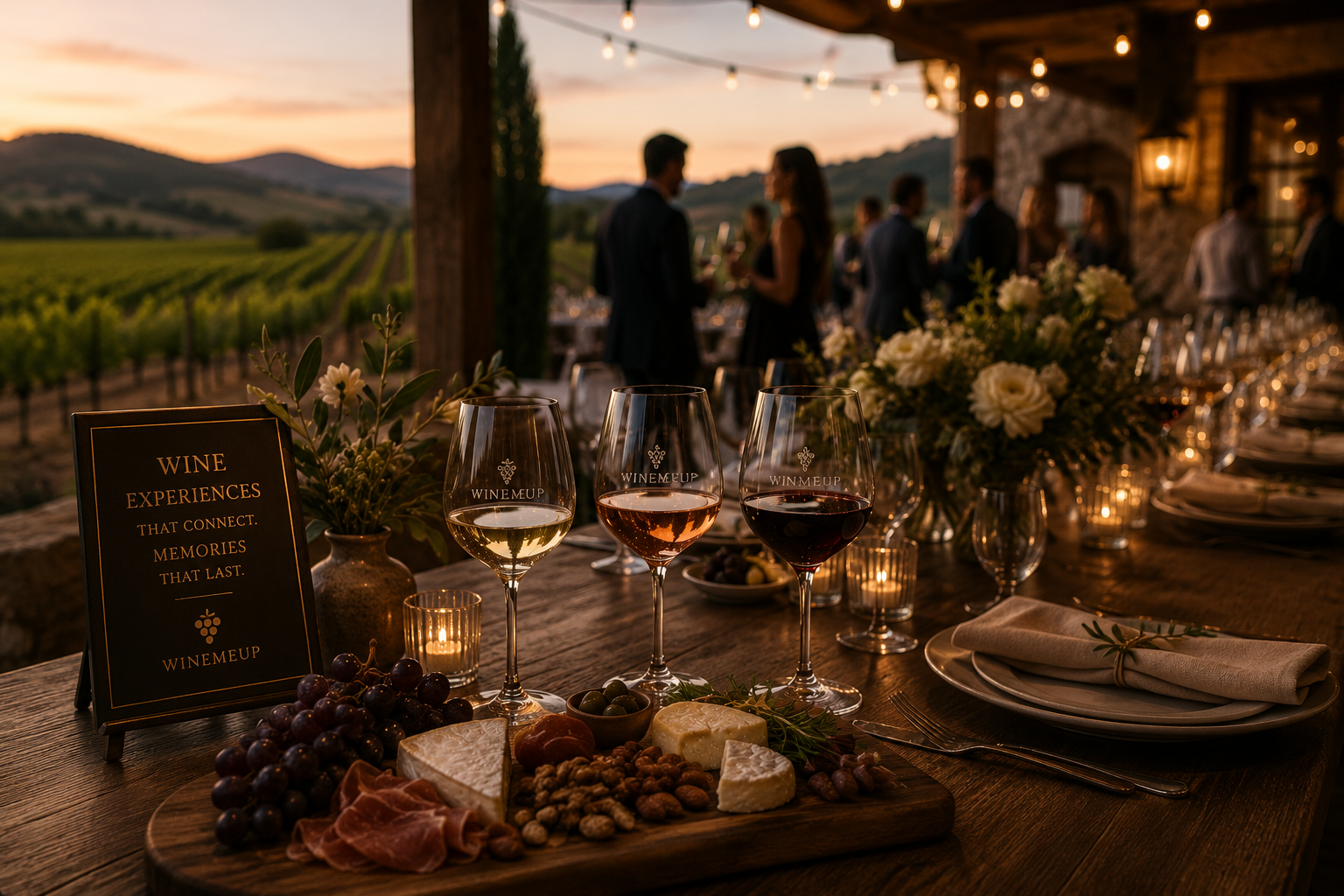 Wine tasting table set outdoors at sunset with a vineyard in the background.