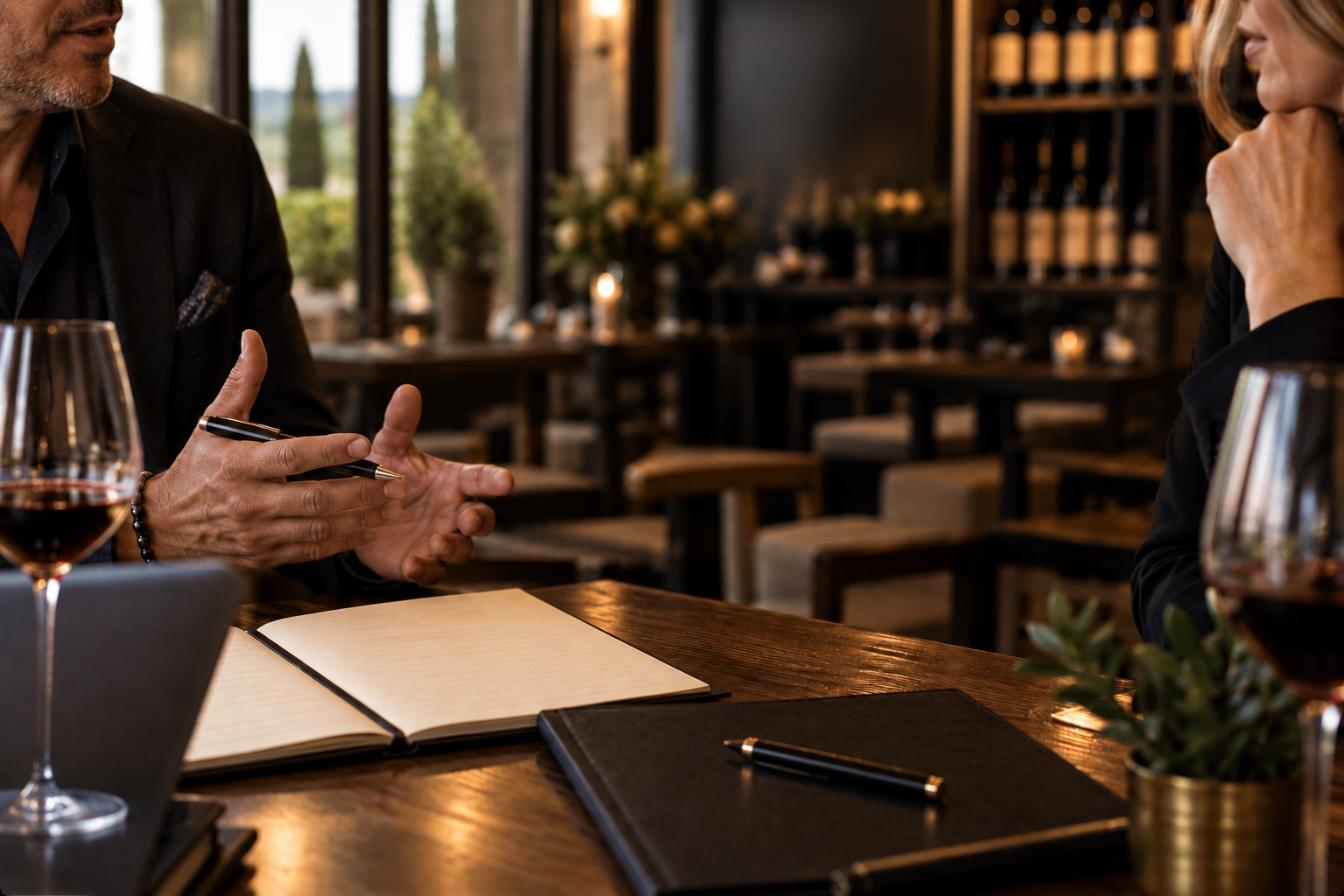 Two people discussing wine at a restaurant table with notebooks.