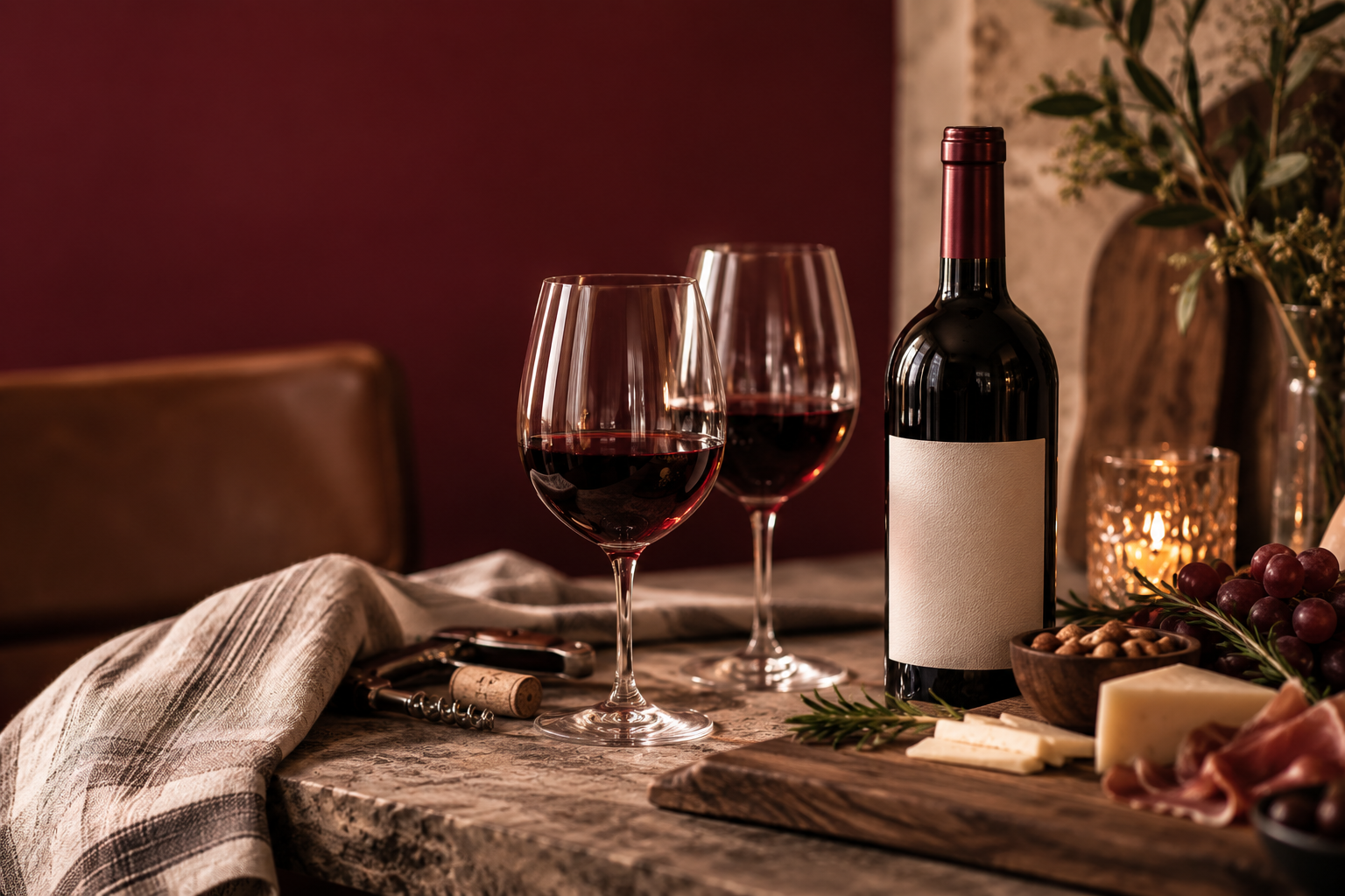 Bottle of red wine and two glasses on a rustic table with cheese and grapes.