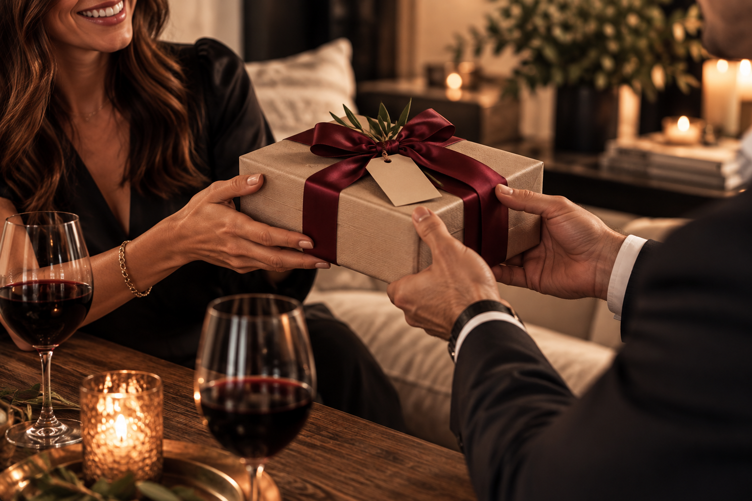Person receiving a wrapped gift with a burgundy ribbon at a candlelit table.
