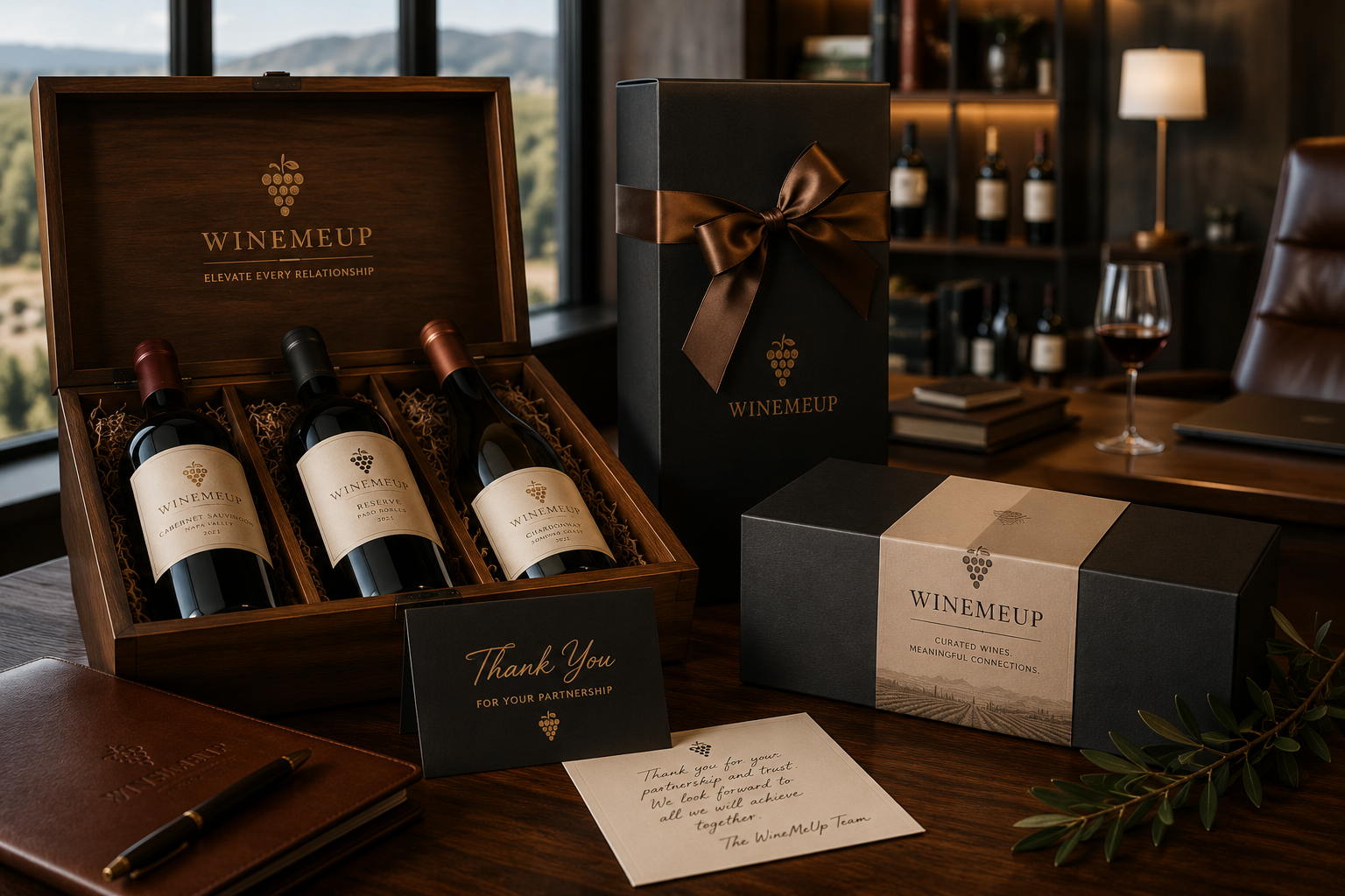 Wine gift box with three bottles, gift bag, wine glass, and handwritten note.