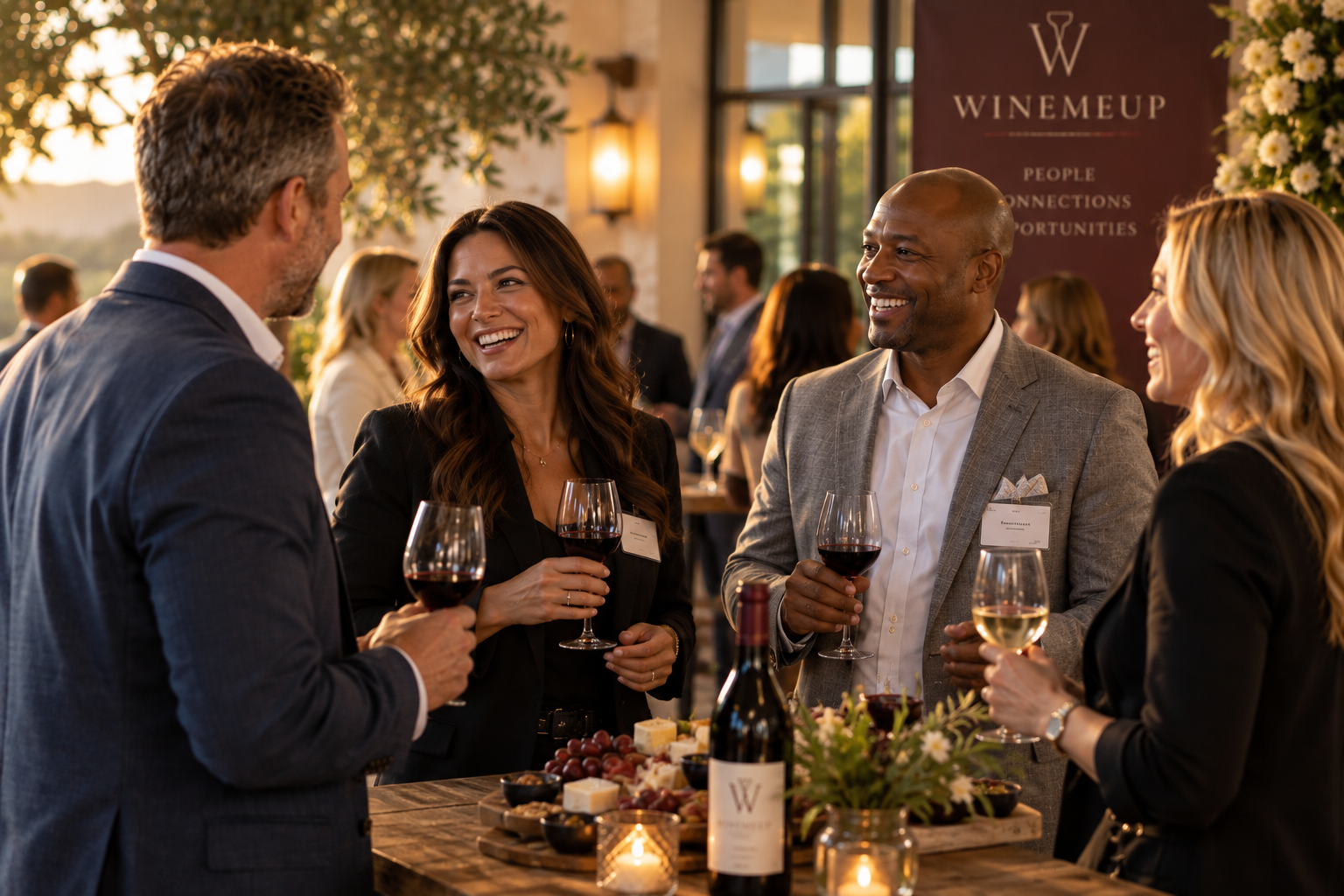 Four adults sharing wine at an indoor wine event.