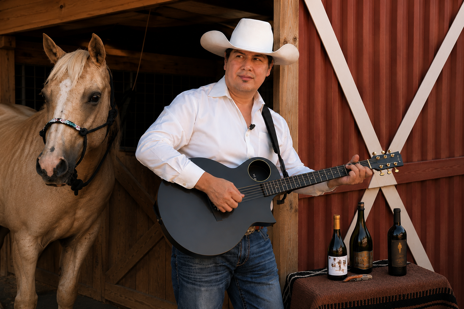 Moses in a cowboy hat playing acoustic guitar beside a horse in a barn.