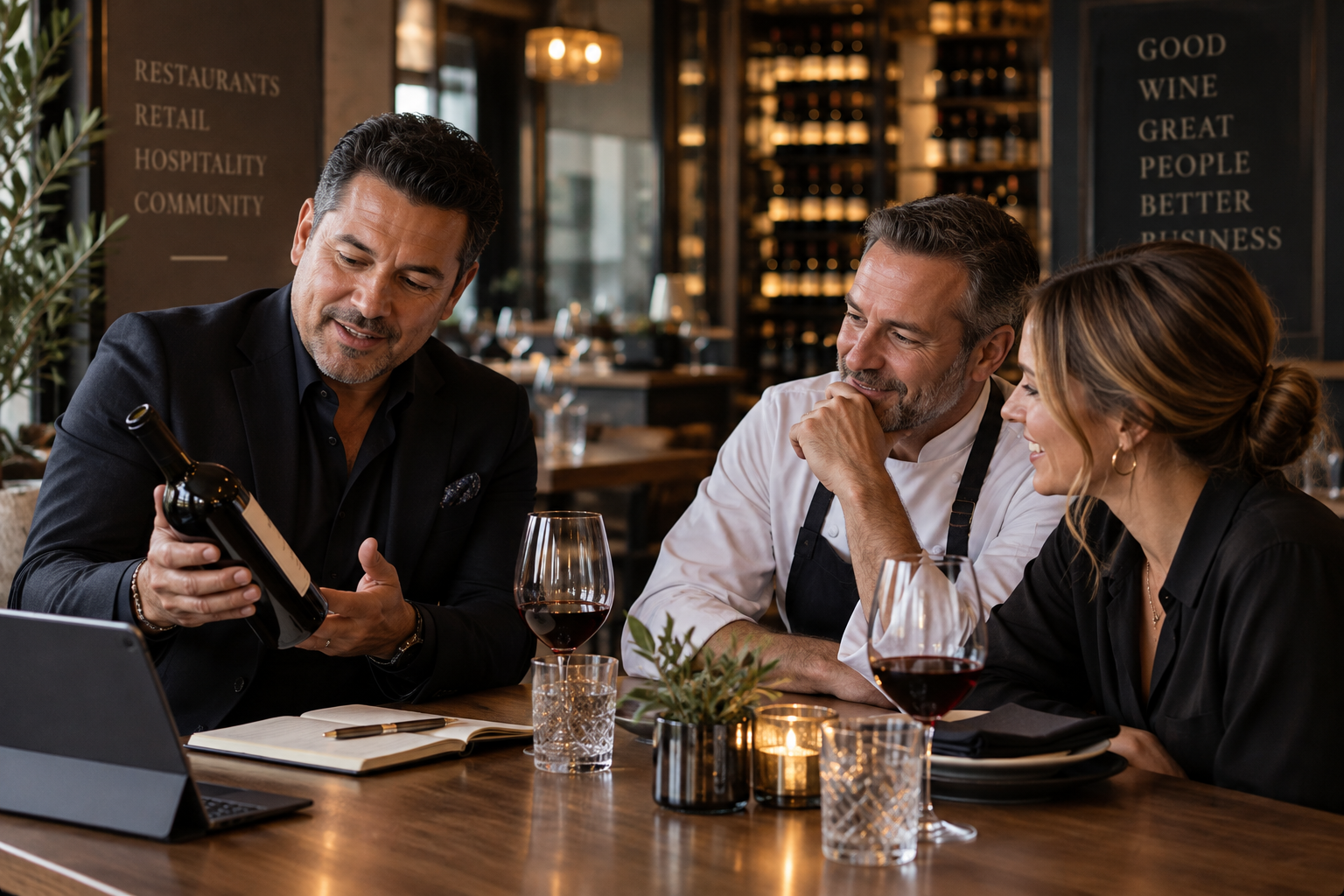 Three people examining a wine bottle at a restaurant table.