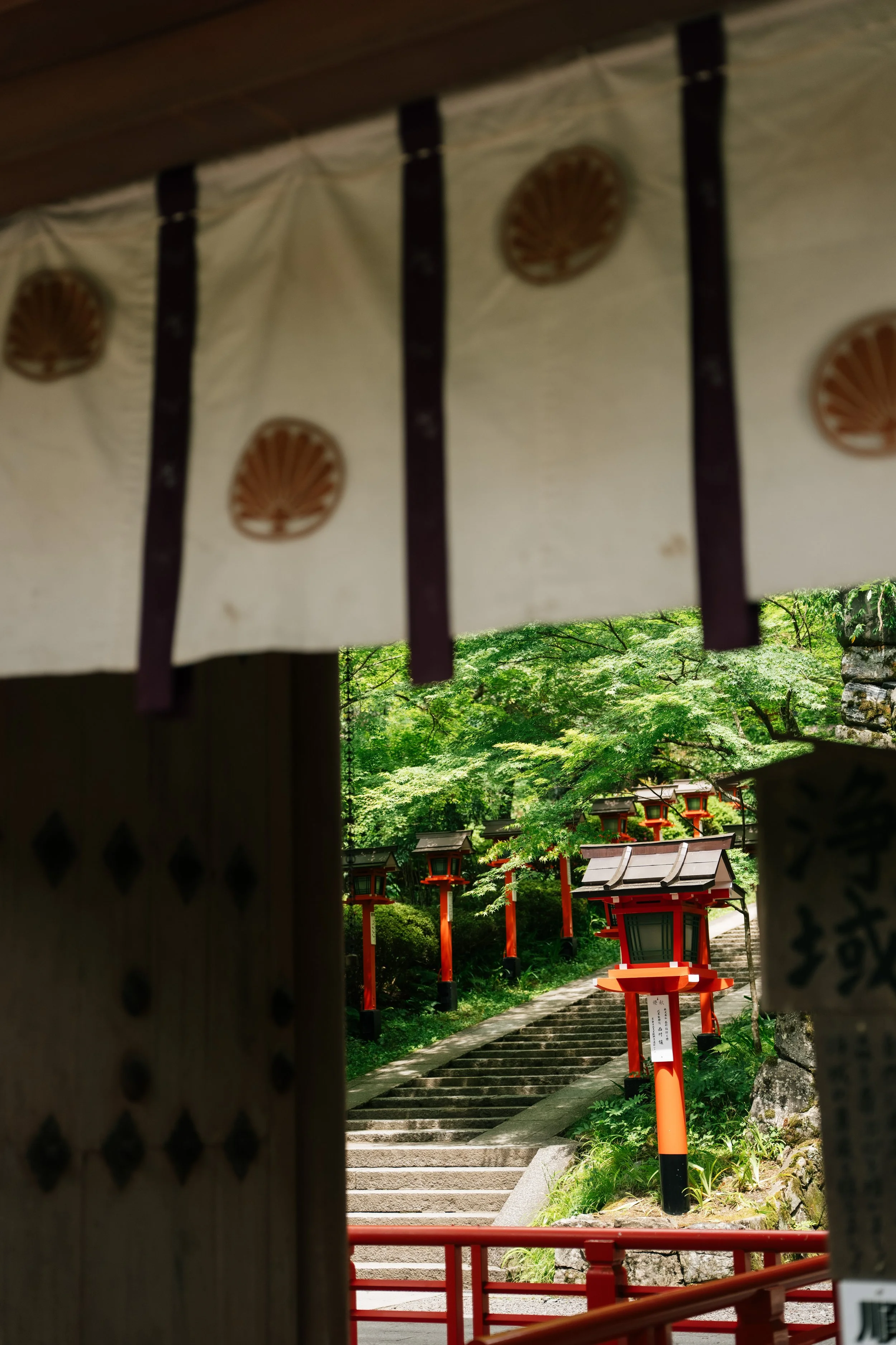 Red and black lanterns along stone steps leading up to a lush green forest area with trees and shrubbery, viewed through a traditional Japanese wooden gate with hanging fabric.