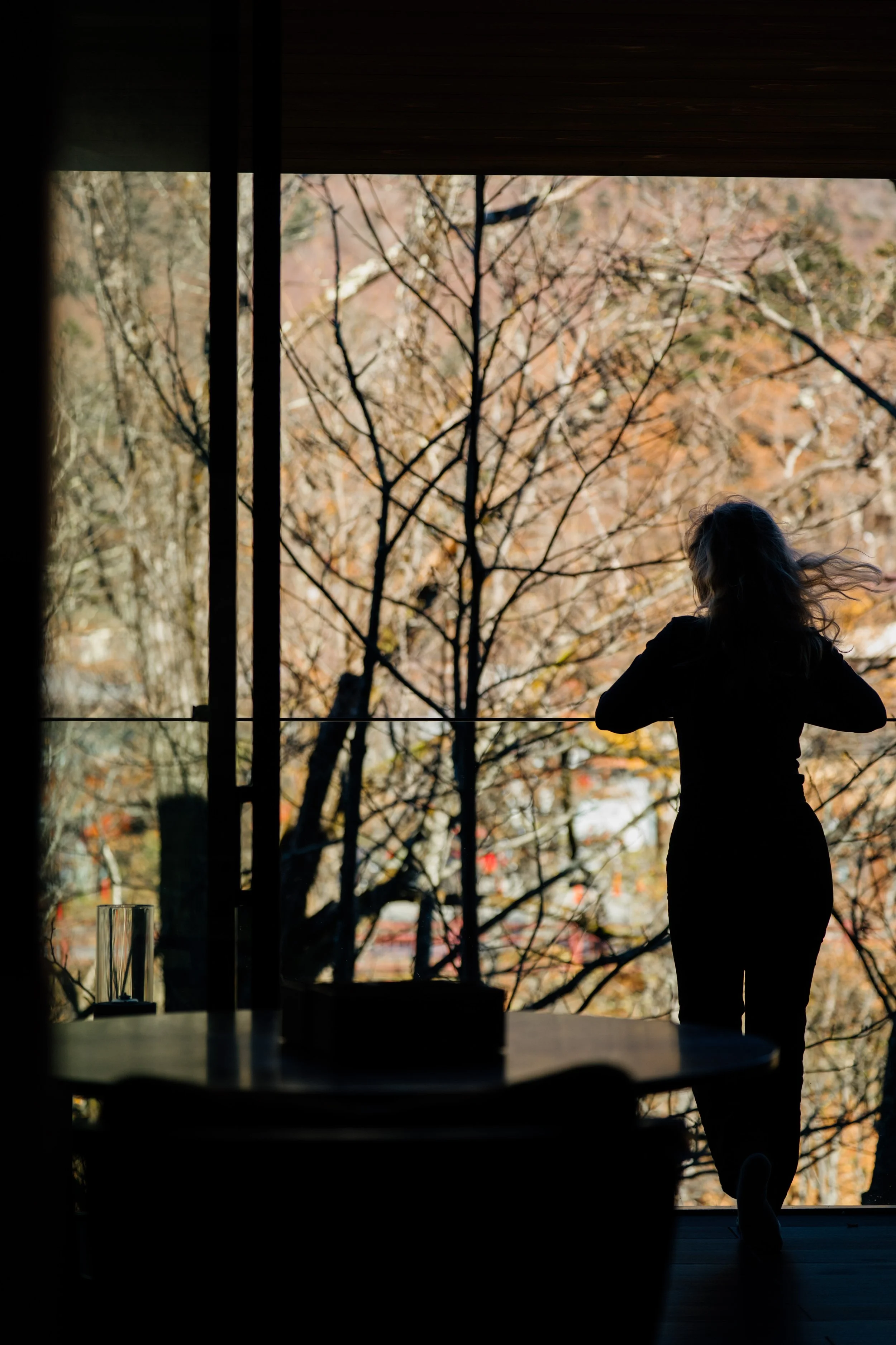 A woman with wavy hair, seen in silhouette, standing by a large window overlooking trees with autumn-colored leaves. The scene is indoors with a table in the foreground and a dark ceiling above.
