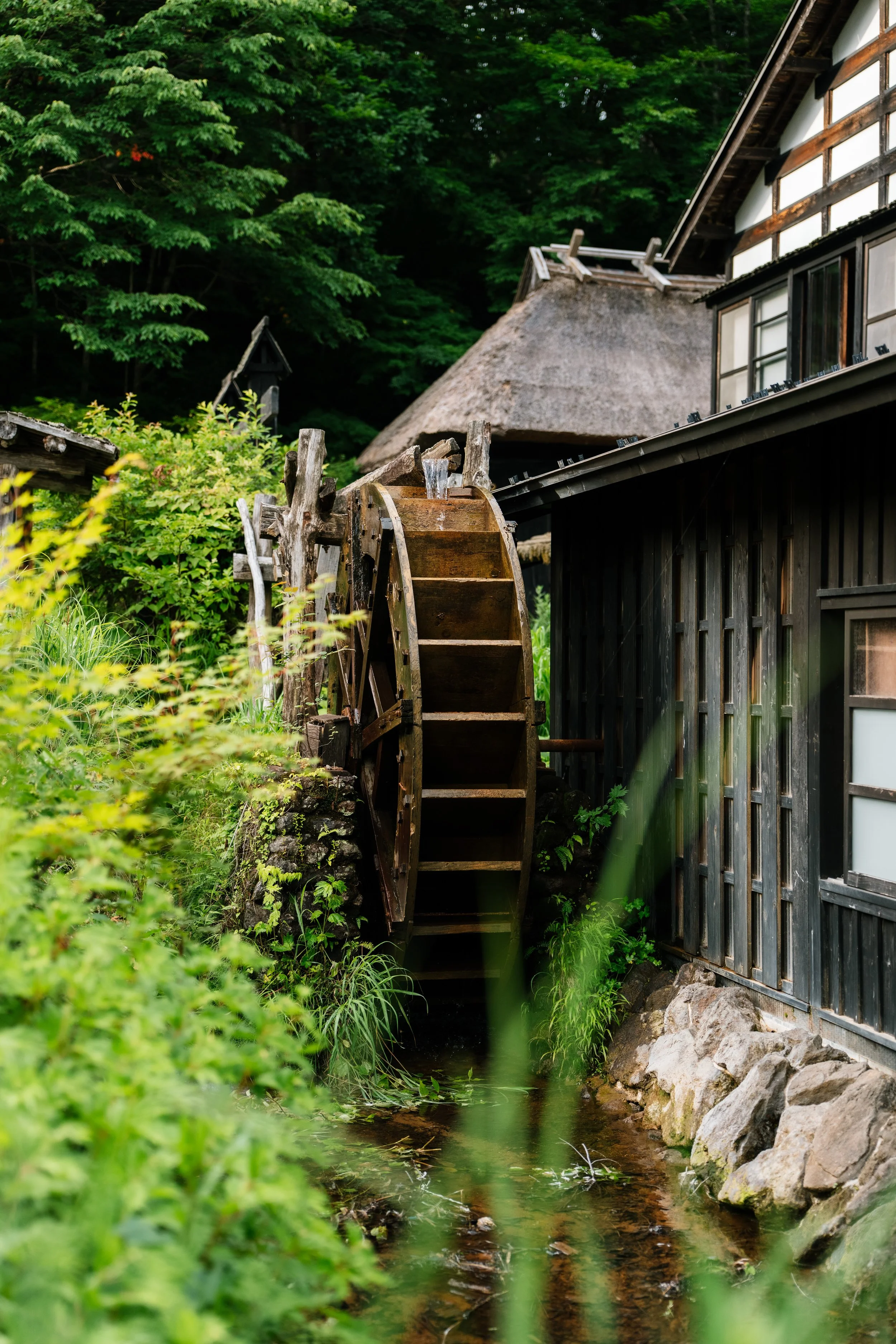 A rustic watermill on a small creek surrounded by lush green foliage and trees, with a traditional wooden building and a thatched roof in the background.