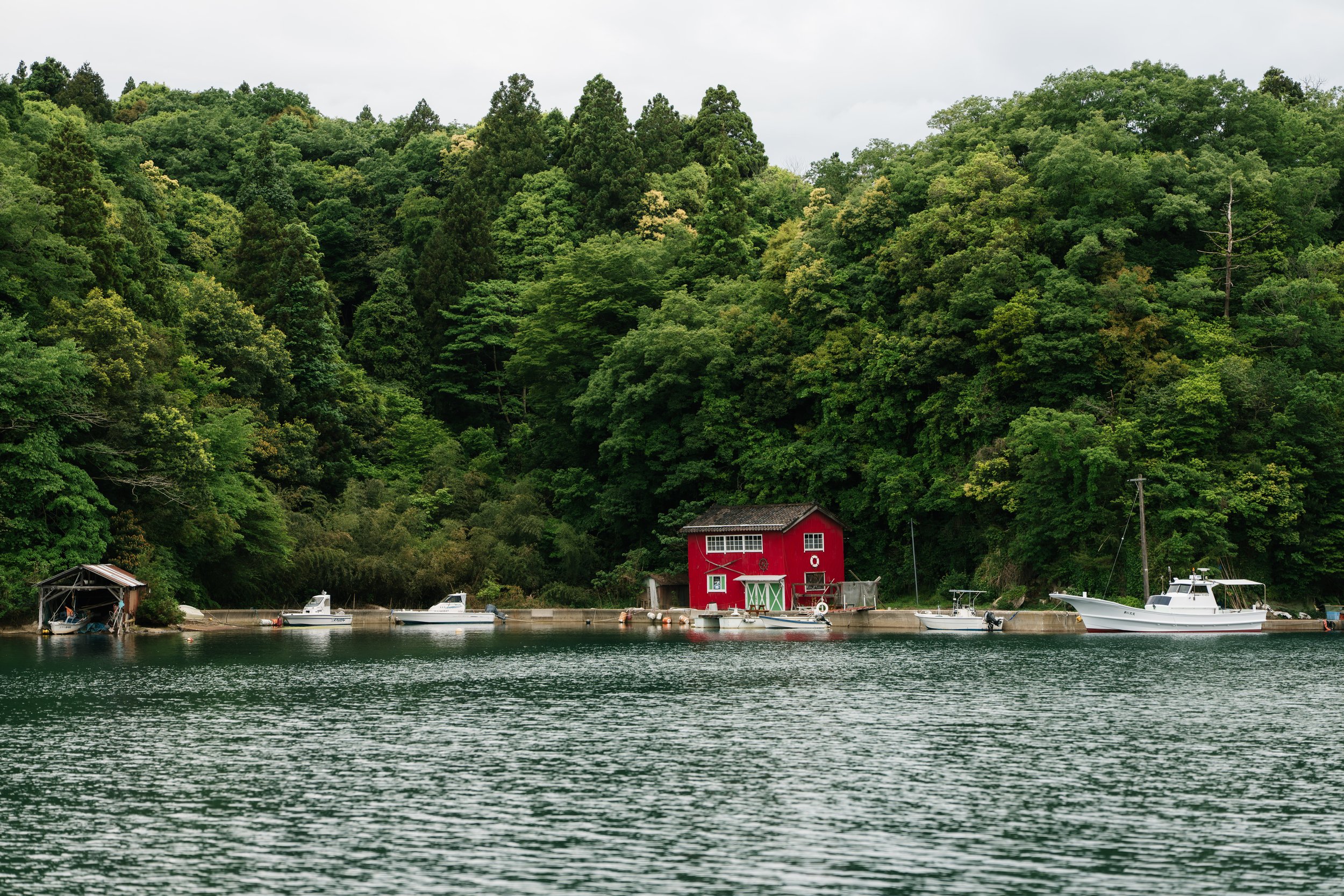 A waterside scene with a red house, boats docked along the water, and a lush green forest in the background. Tsukumo bay in Noto, Ishikawa, editorial travel photography, Japan.