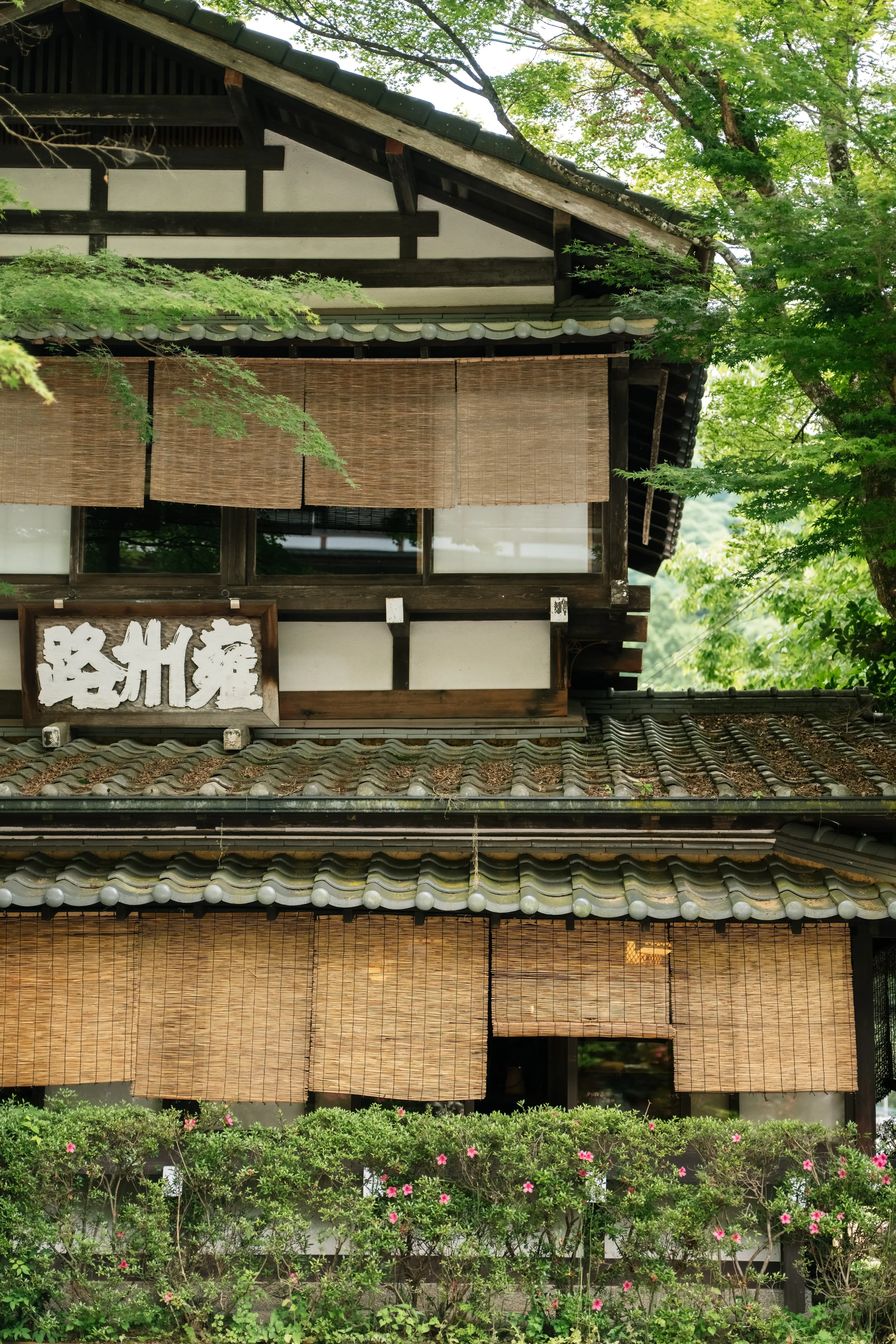 A traditional Japanese house with bamboo blinds covering the windows, surrounded by green trees and pink flowers in the garden.