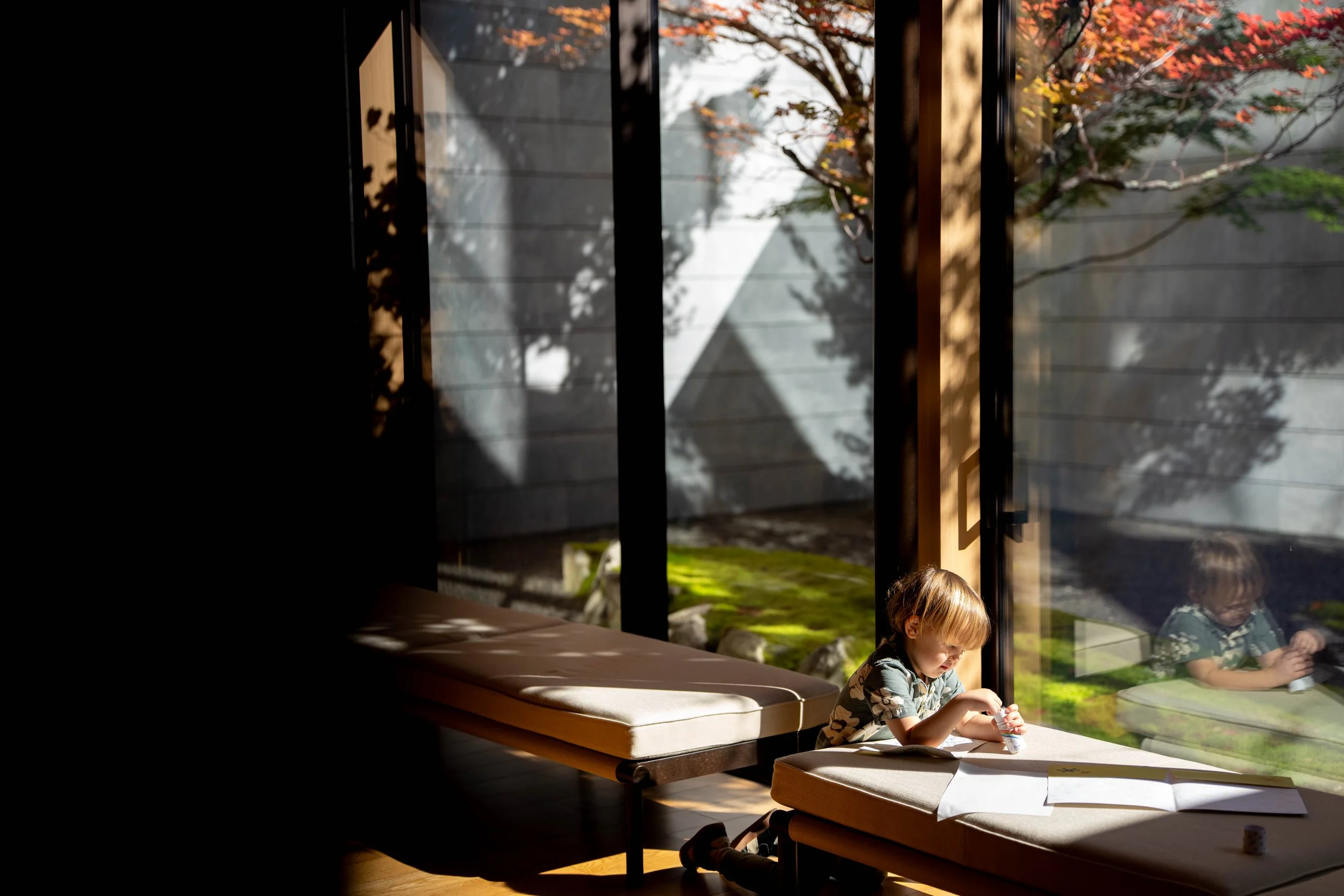 A young boy sitting at a table near a large window, playing with blocks or small toys. Outside the window, autumn-colored trees are visible, casting shadows inside. The sunlight illuminates the boy and part of the room, creating a warm, cozy atmosphe